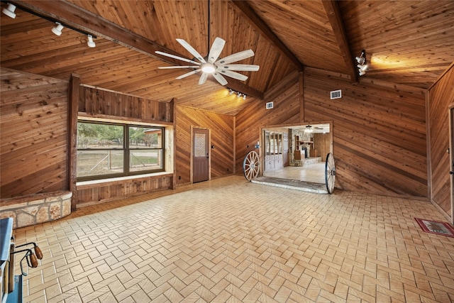 interior space featuring beam ceiling, visible vents, a ceiling fan, wood walls, and wooden ceiling