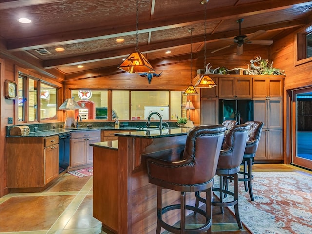 bar featuring vaulted ceiling with beams, ceiling fan, recessed lighting, wood walls, and decorative light fixtures