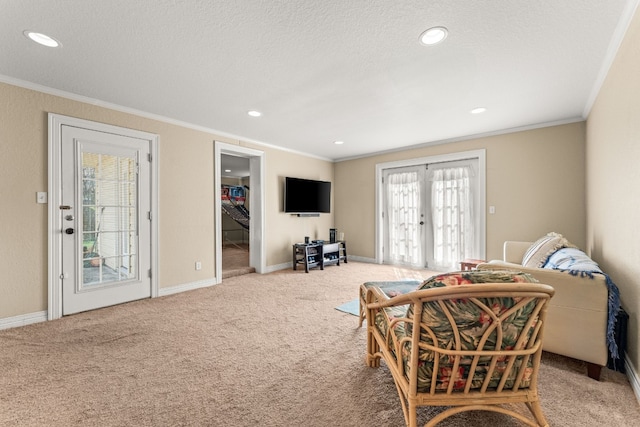 living room with light carpet, crown molding, french doors, and a textured ceiling