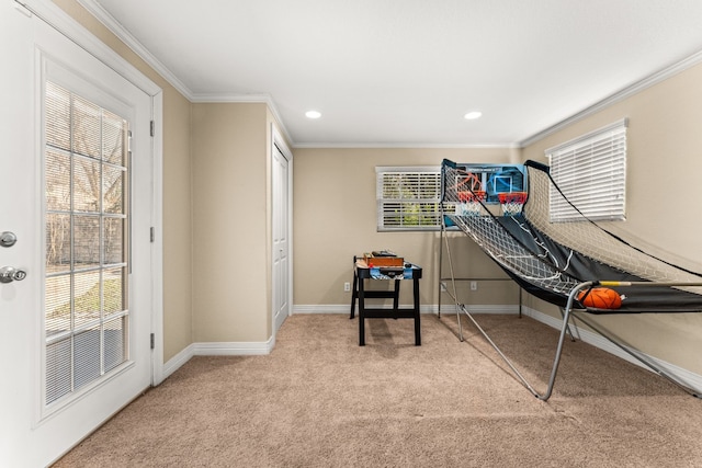 rec room with crown molding, light colored carpet, and a healthy amount of sunlight