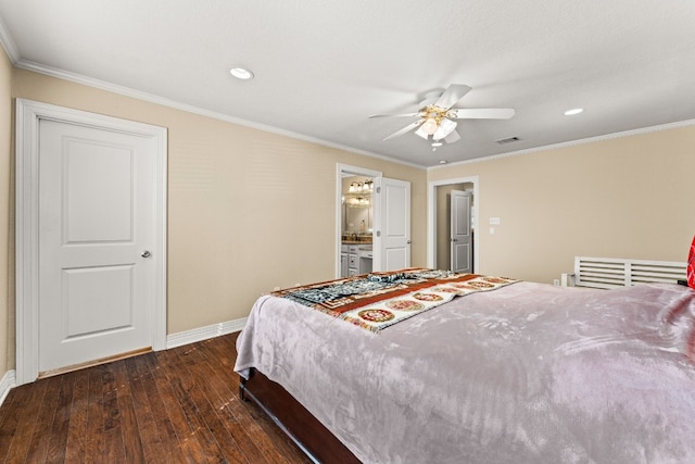 bedroom with ceiling fan, ornamental molding, and dark hardwood / wood-style floors