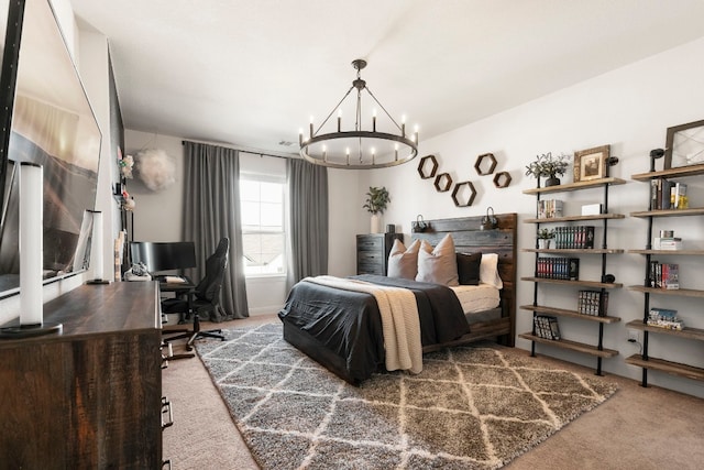 bedroom featuring a chandelier and carpet flooring