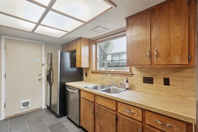 kitchen with dishwasher, sink, a textured ceiling, and decorative backsplash