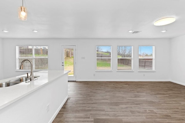 kitchen with sink, decorative light fixtures, and wood-type flooring