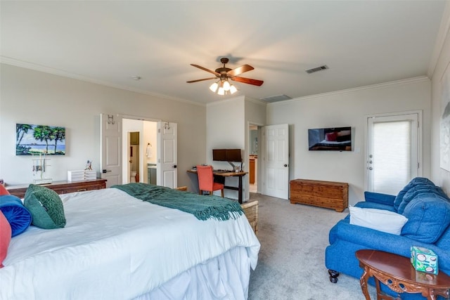 bedroom with crown molding, ceiling fan, ensuite bath, and light carpet