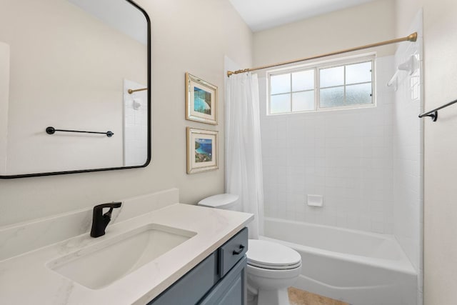 bathroom featuring vanity, shower / bathtub combination with curtain, and toilet
