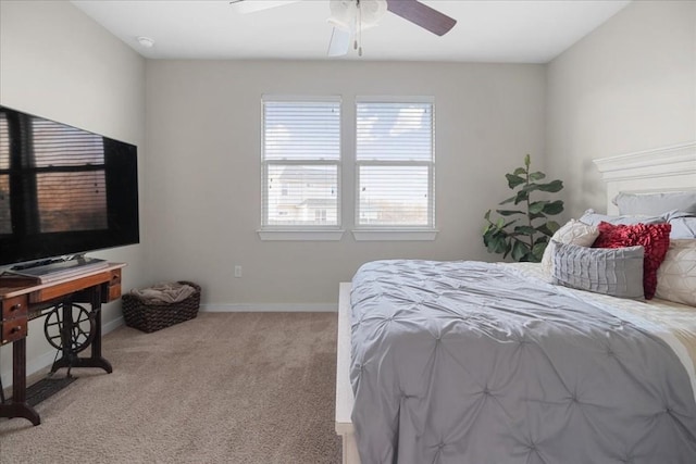 bedroom with light carpet and ceiling fan