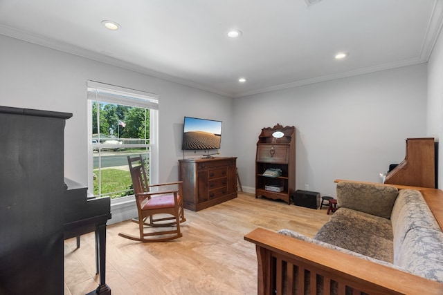 living room with ornamental molding