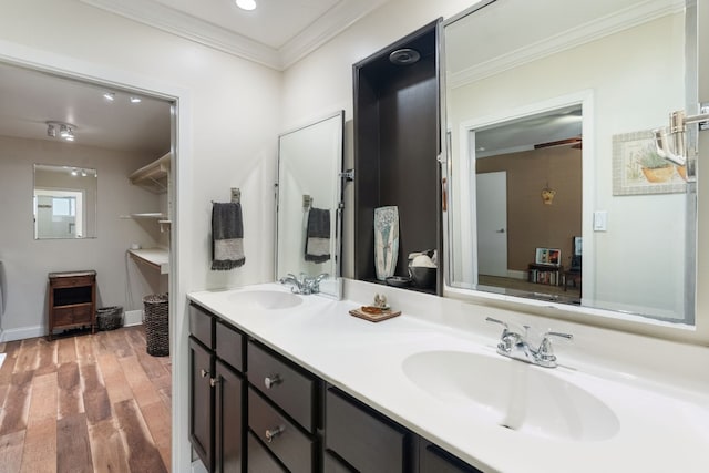 bathroom with crown molding, wood-type flooring, and vanity