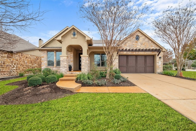 208 Wester Ross Ln, Austin, TX 78738 - view of front of house featuring a front lawn, stone siding, stucco siding, an attached garage, and driveway