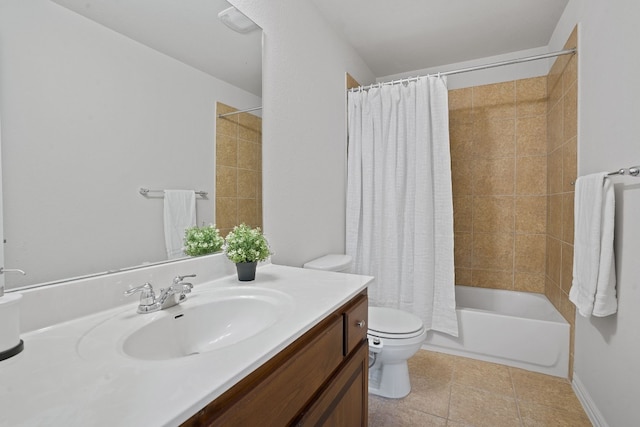 full bathroom featuring vanity, tile patterned flooring, toilet, and shower / bath combo