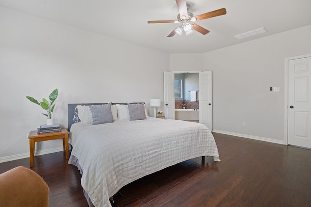 bedroom featuring ceiling fan and dark hardwood / wood-style flooring