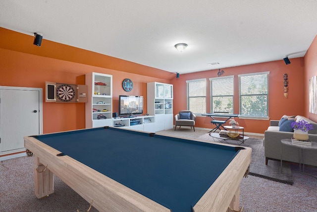 rec room featuring billiards, carpet floors, and built in features