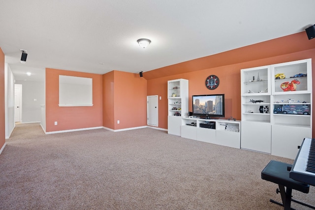 unfurnished living room featuring light colored carpet