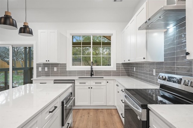 kitchen featuring light wood-style flooring, a sink, decorative backsplash, stainless steel appliances, and wall chimney exhaust hood