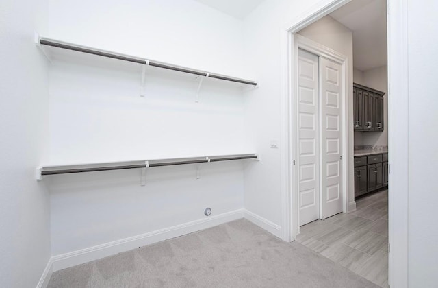 walk in closet with light carpet