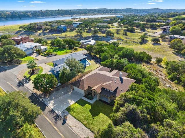 aerial view featuring a water view