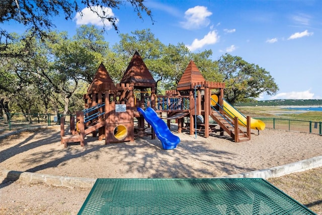 view of play area featuring a water view