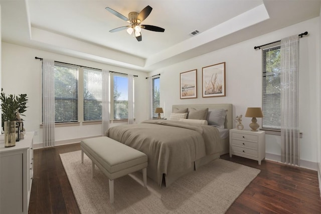 bedroom featuring dark wood-type flooring and a raised ceiling