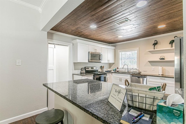 kitchen featuring white cabinetry, wood ceiling, crown molding, dark stone countertops, and stainless steel appliances