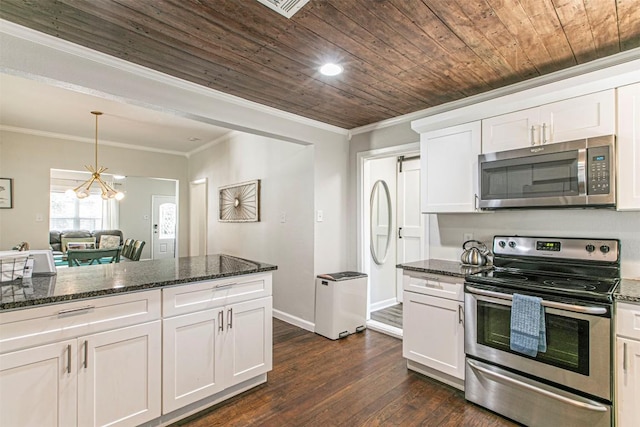 kitchen with wood ceiling, stainless steel appliances, dark stone counters, and white cabinets