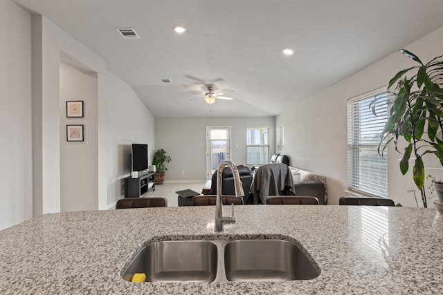 kitchen with light stone counters, sink, and a wealth of natural light