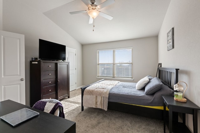 bedroom with lofted ceiling, light carpet, and ceiling fan