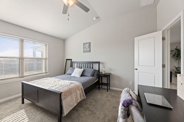 carpeted bedroom featuring vaulted ceiling and ceiling fan