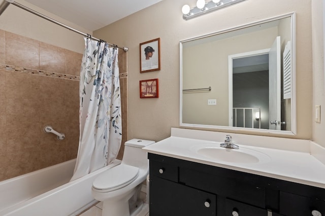 full bathroom with vanity, toilet, and shower / bathtub combination with curtain