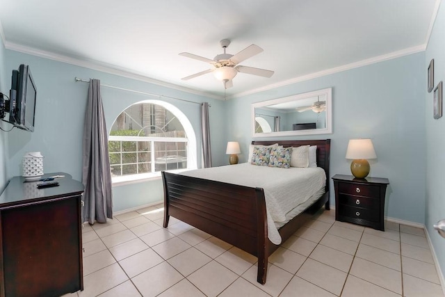 tiled bedroom featuring ornamental molding and ceiling fan