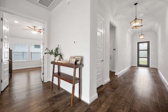513 Elworth Path, Lakeway, TX 78738 - entrance foyer with plenty of natural light, dark wood-style flooring, and ceiling fan