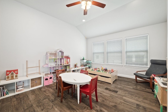 game room with lofted ceiling, dark hardwood / wood-style floors, and ceiling fan