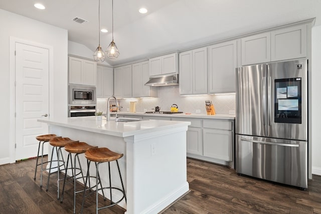 513 Elworth Path, Lakeway, TX 78738 - kitchen featuring stainless steel appliances, a sink, under cabinet range hood, dark wood-style flooring, and lofted ceiling