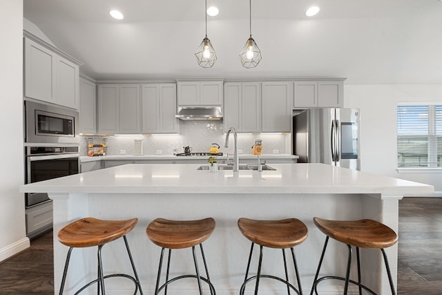 kitchen featuring sink, dark wood-type flooring, stainless steel appliances, tasteful backsplash, and an island with sink