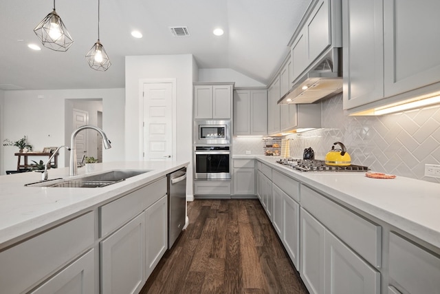 513 Elworth Path, Lakeway, TX 78738 - kitchen with appliances with stainless steel finishes, vaulted ceiling, tasteful backsplash, decorative light fixtures, and dark wood-style floors