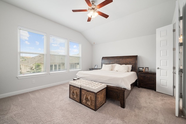 513 Elworth Path, Lakeway, TX 78738 - bedroom featuring light carpet, lofted ceiling, baseboards, and ceiling fan