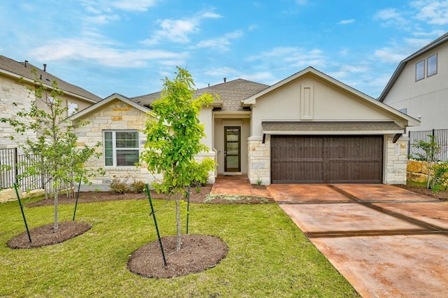 513 Elworth Path, Lakeway, TX 78738 - view of front facade featuring stone siding, a garage, stucco siding, concrete driveway, and a shingled roof