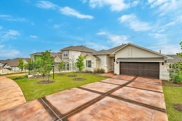 513 Elworth Path, Lakeway, TX 78738 - view of front of home with stone siding, stucco siding, an attached garage, a front yard, and concrete driveway