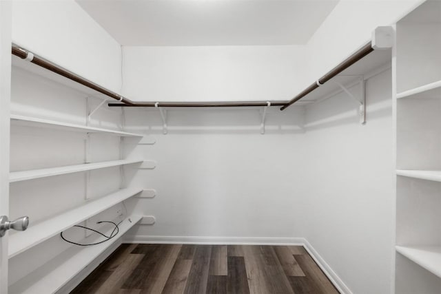 walk in closet with dark hardwood / wood-style flooring