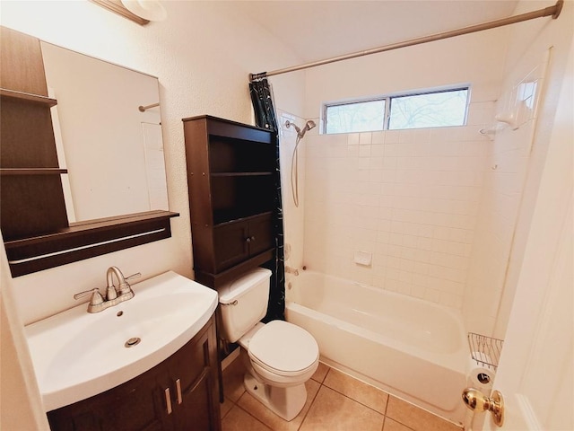 full bathroom with shower / bathtub combination with curtain, vanity, toilet, and tile patterned floors