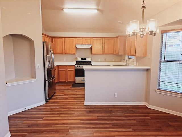 kitchen featuring stainless steel appliances, hanging light fixtures, sink, and dark hardwood / wood-style flooring