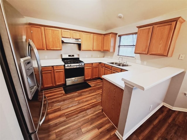 kitchen featuring stainless steel appliances, dark hardwood / wood-style floors, kitchen peninsula, and sink