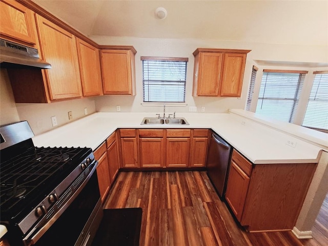 kitchen with stainless steel appliances, sink, dark hardwood / wood-style floors, and kitchen peninsula