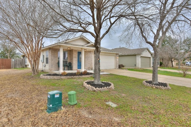 single story home featuring a garage, covered porch, and a front lawn