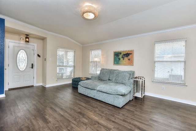 living room with dark hardwood / wood-style flooring, ornamental molding, and lofted ceiling