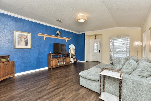 living room featuring ornamental molding, lofted ceiling, dark wood-type flooring, and a textured ceiling