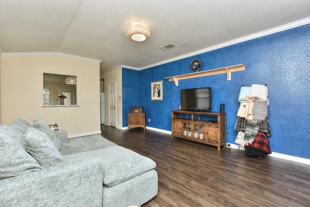 2718 Summerwalk Pl, Round Rock, TX 78665 - living area with wood finished floors, crown molding, a textured ceiling, and lofted ceiling