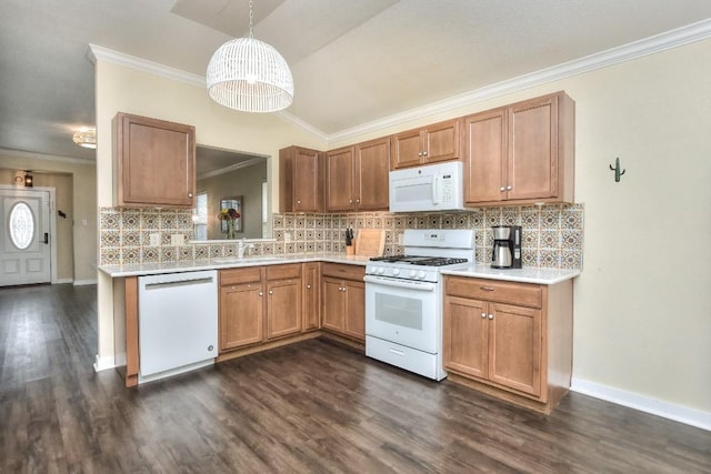 2718 Summerwalk Pl, Round Rock, TX 78665 - kitchen with white appliances, ornamental molding, backsplash, light countertops, and dark wood-style floors