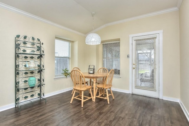 2718 Summerwalk Pl, Round Rock, TX 78665 - dining area featuring ornamental molding, dark wood-type flooring, and lofted ceiling