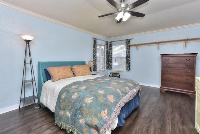 bedroom featuring crown molding, ceiling fan, and dark hardwood / wood-style floors